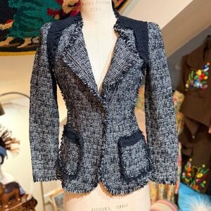 Rebecca Taylor‎ Tweed Blazer Jacket Black White Textured Frayed Trim Size 0